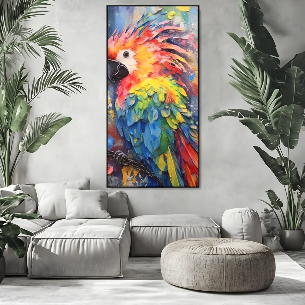 Tablou canvas cu tablou canvas cu papagal colorat, in rama de aluminiu negru, pe perete intr-un living